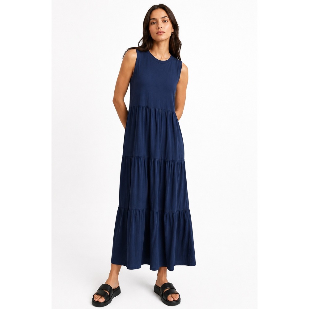 Nine Britton Jeanne Maxi Dress Navy Blue Tiered Sleeveless Jersey Knit Large NEW
